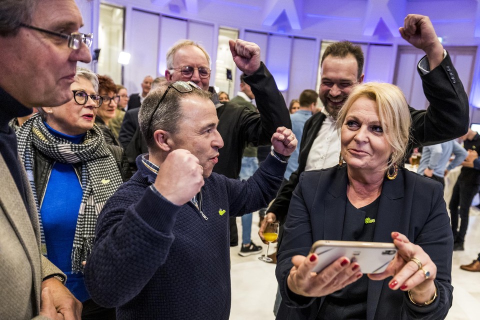 Euforie bij de Limburgse BBB, lijsttrekker Annetje Schoolmeesters (r.) leest op haar telefoon de eerste exit polls op verkiezingsavond.