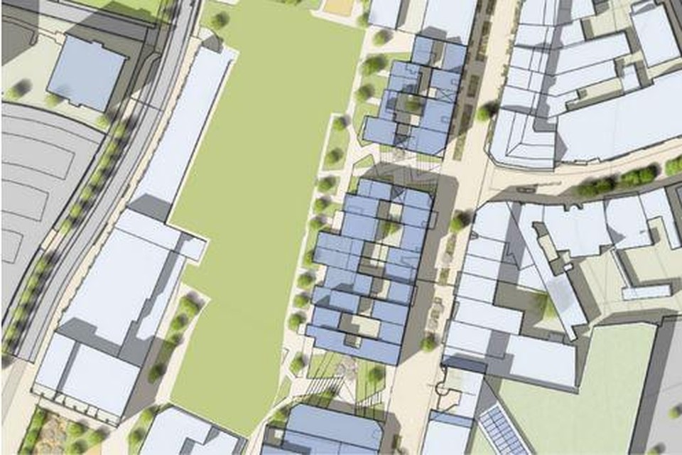 Grove schets voor het nieuwe hart van Brunssum. In het midden de drie appartementencomplexen aan de Kerkstraat. Links ervan de ruimte die zal worden ingericht als Victoriapark.