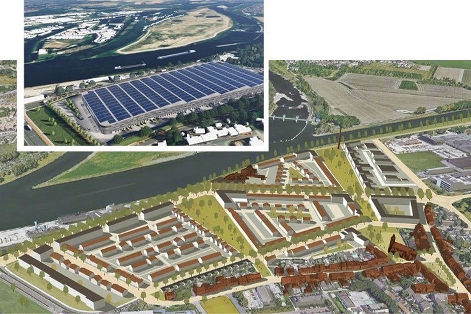 Het plan voor de loods en het plan voor de woonwijk op het Trega-terrein in Limmel. 