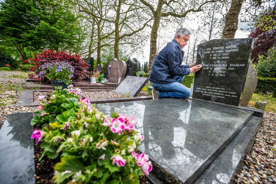 Max Hattu bij het graf van zijn ouders op de algemene begraafplaats in Venlo. 