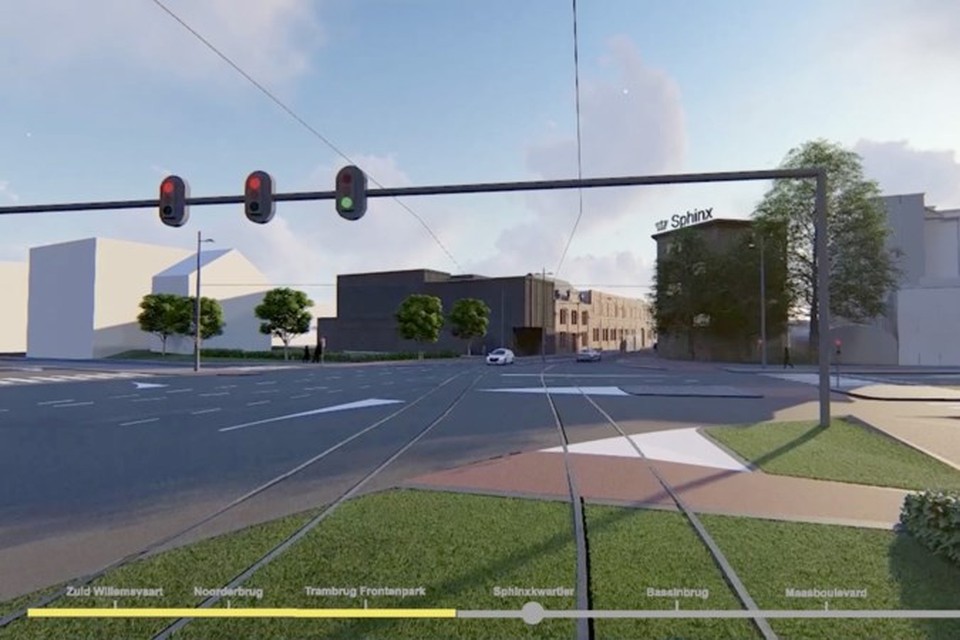 De tramlijn zoals die er in 2025 moet liggen bij het Sphinxkwartier in Maastricht. 
