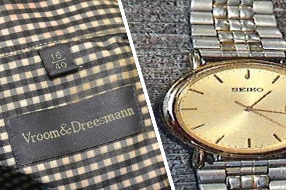 De man droeg een hemd met zwart-witte ruitjes van het merk Vroom en Dreesman en een grijskeurige horloge van het merk Seiko. 