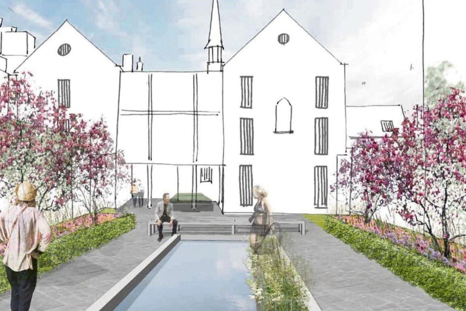 Een impressie van de toekomstige ceremonietuin met de waterpartij achter het Savelbergklooster. 