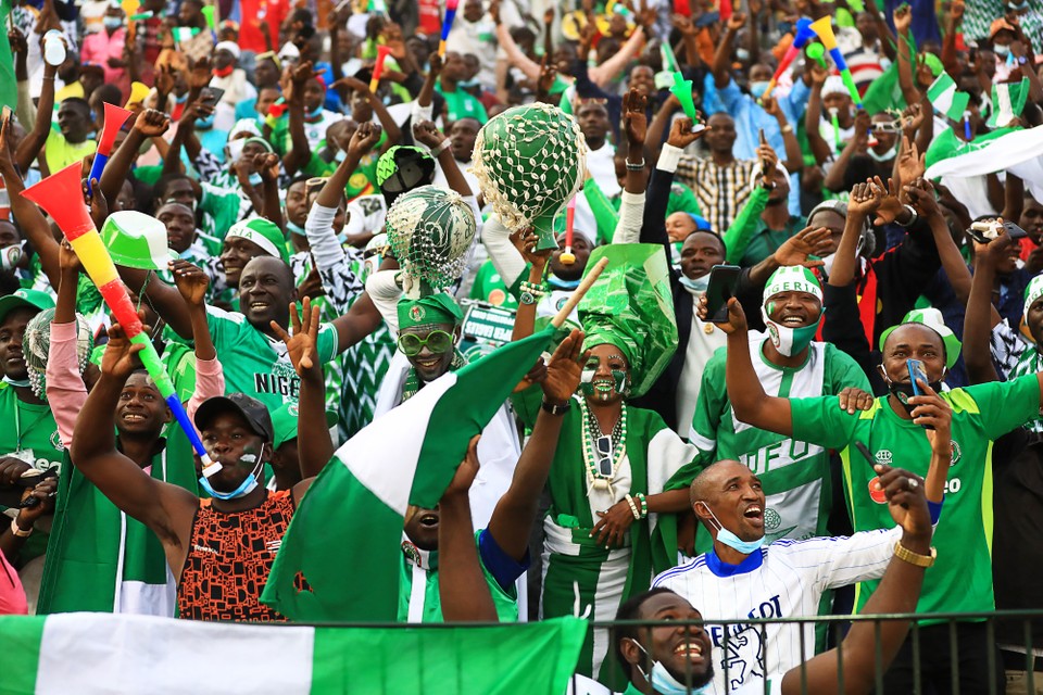 Dansende Nigeriaanse supporters tijdens de Afrika Cup eerder deze week. 