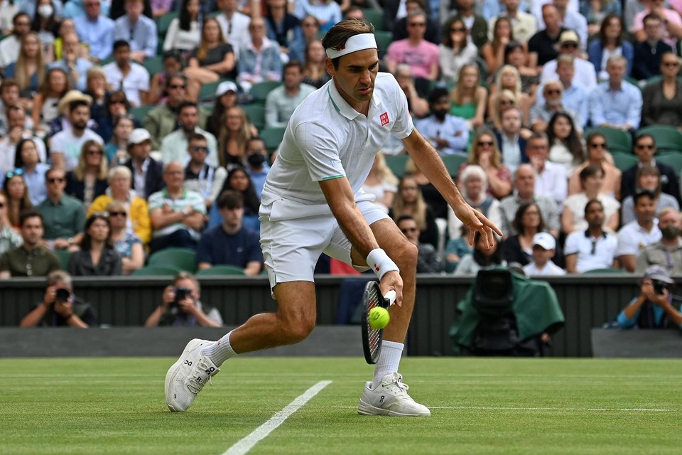 Roger Federer tijdens Wimbledon 2021, het laatste toernooi dat hij speelde. 