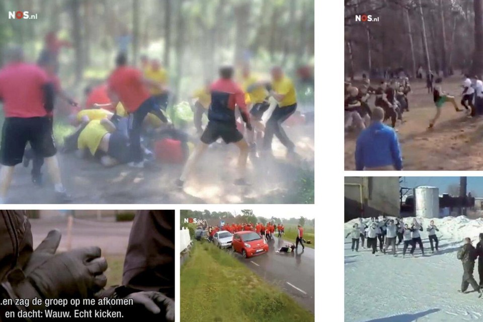 Beelden van free fights tussen voetbalhooligans uit de uitzending van ‘Nieuwsuur’. 