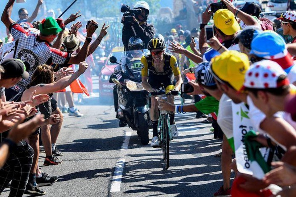 Steven Kruijswijk van Jumbo-Visma op Alpe d’Huez, vorig jaar tijdens de Tour de France. 